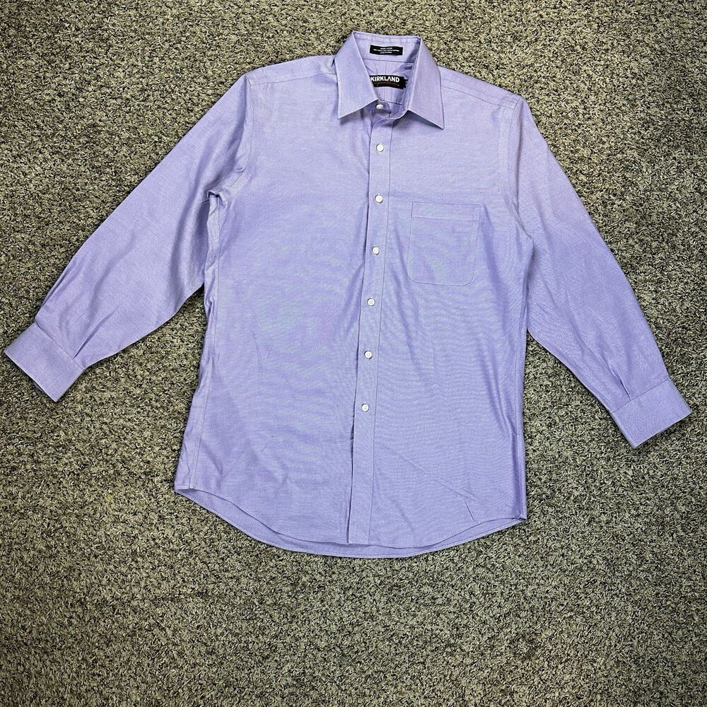 Kirkland Signature Mens 15-32 Non-Iron Spread Collar Textured Purple Dress Shirt